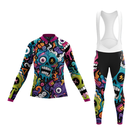 Langarm-Radtrikot für Damen mit mehrfarbigen Alien-Kreaturen