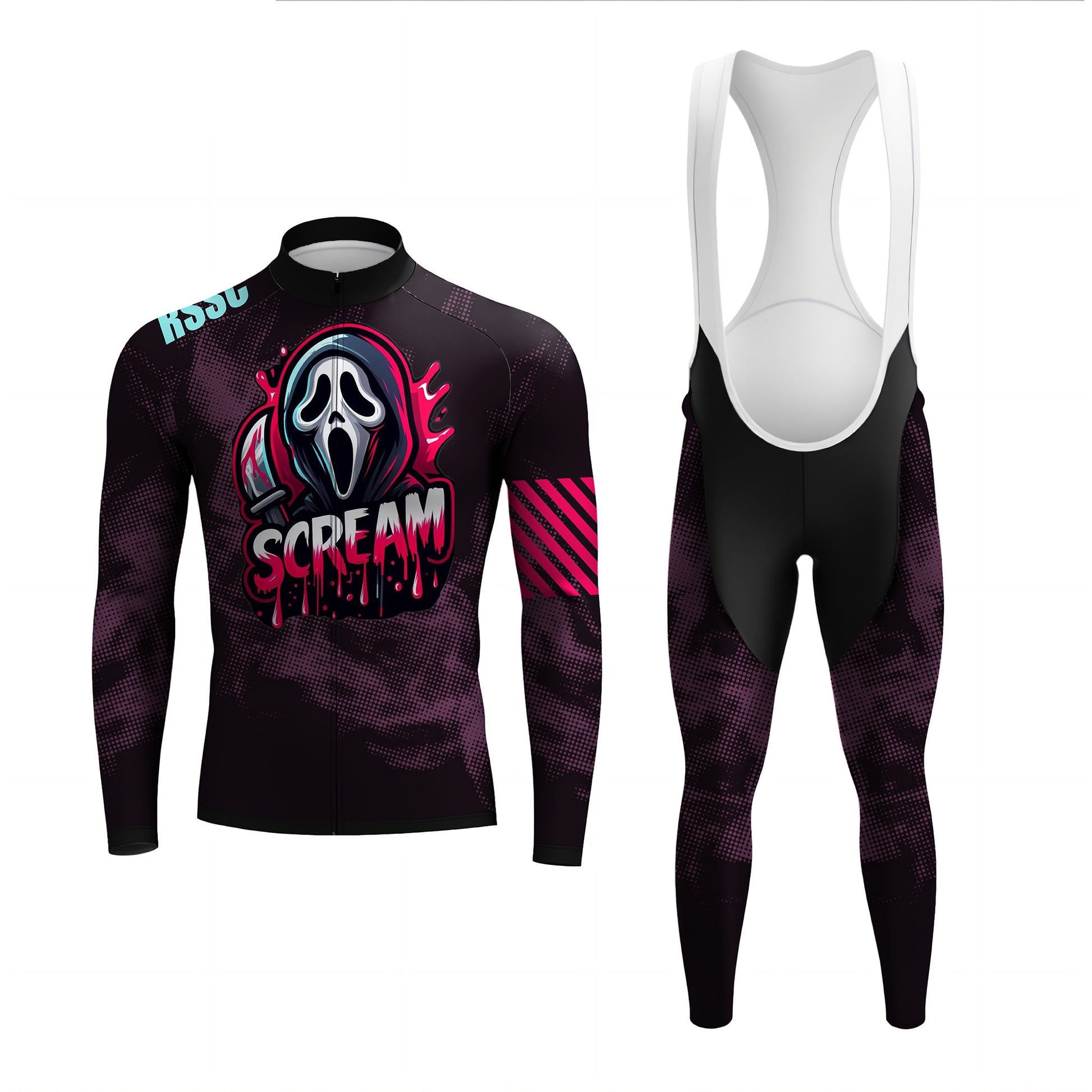 Cycling jersey and bib shorts with 'Scream' design on a white background
