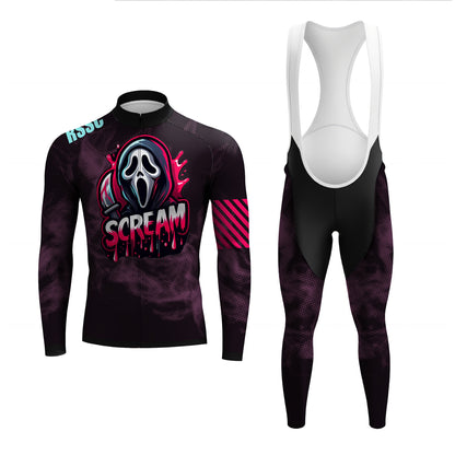 Cycling jersey and bib shorts with 'Scream' design on a white background