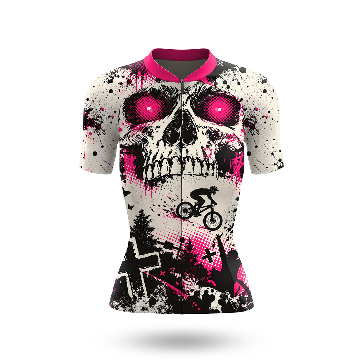 Kurzarm-Radtrikot für Damen „Neon Punk Skull“