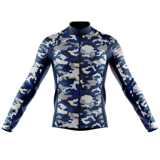 Blaues Tactical Camo USA Langarm-Radtrikot für Herren