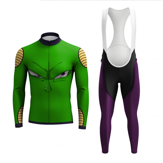 Green cycling jersey with character design and purple and black cycling bib shorts on a white background