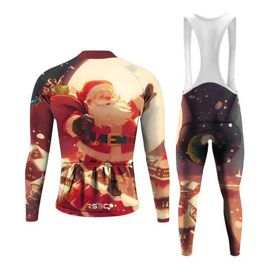 Men's Long Sleeve Cycling Jersey Happy Santa Claus Climbs Into The Red House At Night To Deliver Gifts | RSSC Premium Cycling Kit Back View